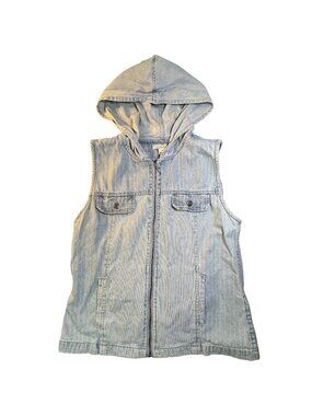 Pinstriped Distressed Denim Vest w/ Hood